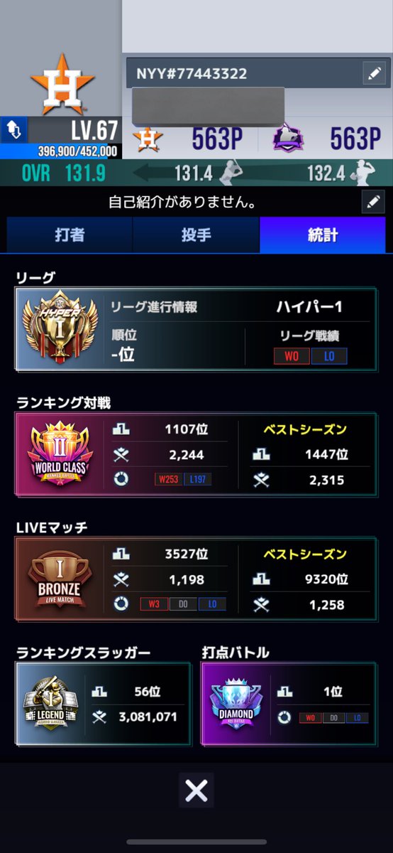 midare_otaa's tweet photo. 初めまして。よろしくお願いします。
ゆるくやってます。
名前は奇跡的に綺麗な数字だったので変えられなかったです。
まだまだ600が遠い😴
#MLBライバルズ https://t.co/XZ7GN0dvuJ
