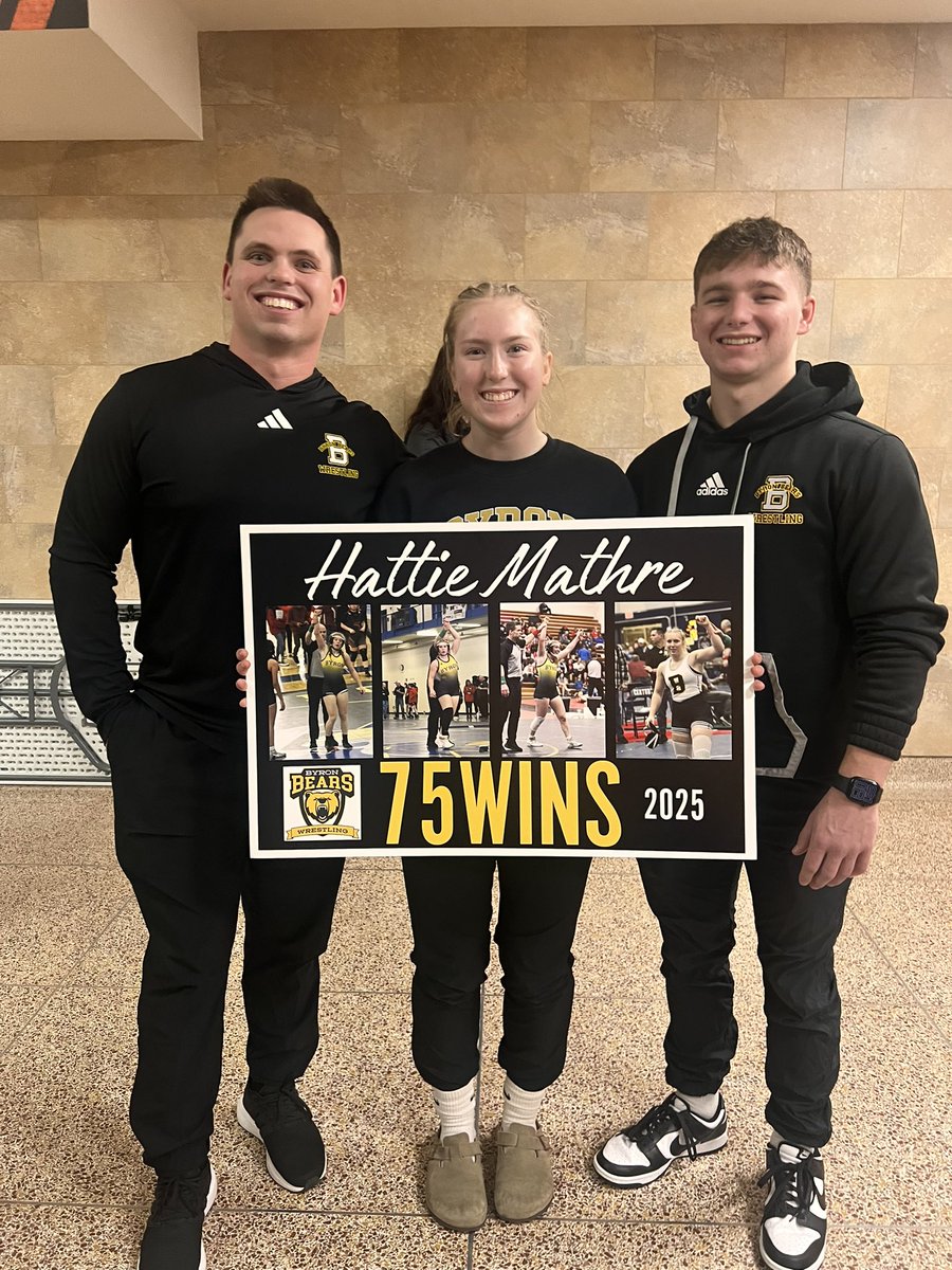 ByronWrestling's tweet photo. Girls Results from Lake City:
Emmy Ahlberg: 1st
Kennadi Van Tassel: 3rd 
Brenna Nigon: 1st
Madi Perrigo: 3rd 
Kadie Augenstein: 3rd
Brooke Golish: 2nd 
Hattie Mathre: 1st 
*Congratulations to Hattie Mathre for collecting her 75th Career Win!!!!!
Girls Hammer: Hattie, Emmy, Brenna https://t.co/jF6RCT5ISc