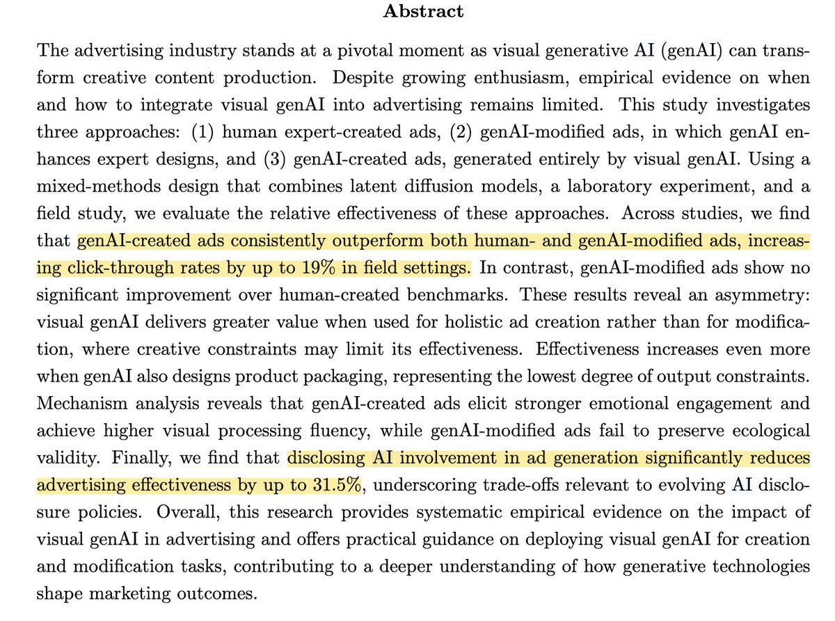 These 2 sentences in the abstract tells you everything you need to know about AI capability and societal adjustment right now. 
1. GenAI created ads are measurably better than human created in term of CTR
2. Performs worse when AI involvement is disclosed