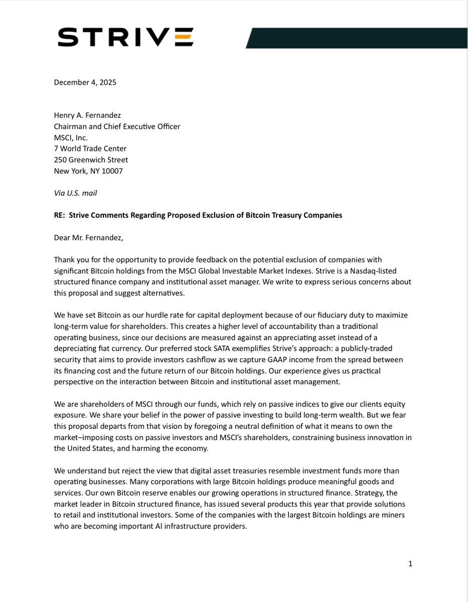 NEW: Strive, the 14th-largest public Bitcoin treasury firm, has urged MSCI  to drop its proposal to exclude companies whose digital-asset holdings  exceed 50% of assets, arguing the rule is “unworkable” and would