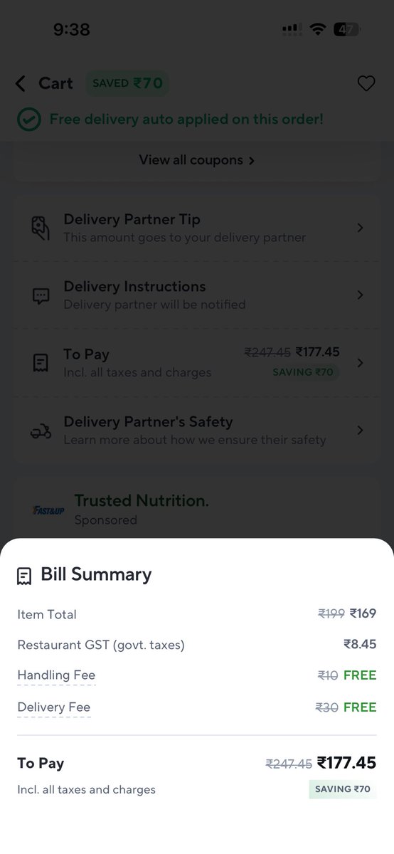 usernamejsh's tweet photo. @ZeptoNow From 127 to 169 ...Clicking ‘Add to Cart’ now comes with a ₹42 surprise tax! https://t.co/qao2xxVhp0