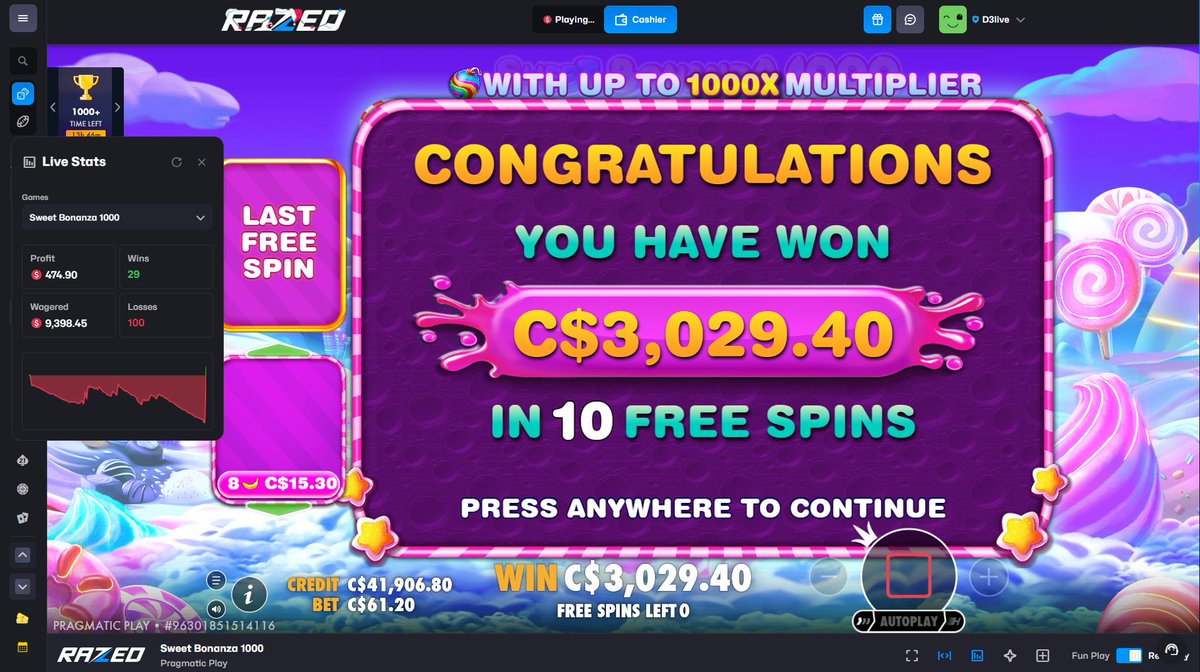 spun into a $61.20 sweet bonanza 1000 bonus

W or L? it got multiple $100~ tumbles, no 1000x in sight but hey profit is profit <a href="/Razedcom/">Razed</a>