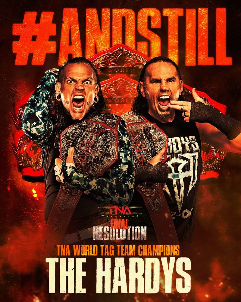 ThisIsTNA's tweet photo. #ANDSTILL TNA World Tag Team Champions.

@JEFFHARDYBRAND and @MATTHARDYBRAND 

#TNAFinalResolution 

Use code FINAL25 for one free month of TNA+ and watch Final Resolution: https://t.co/w30Lh6I8UI https://t.co/qbBwo3CI43