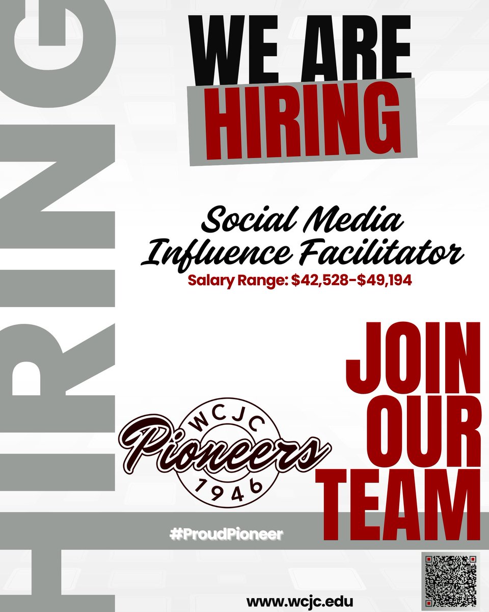 MikeWilkinson09's tweet image. Is social media your thing? Do you want to do it full-time? Do you want to live 30 minutes from H-Town? Do you want to work for a college that is on the rise with a dynamic president? If so, see below! To apply, scan the QR code or visit wcjc.edu. #SAPRO #HigherEd