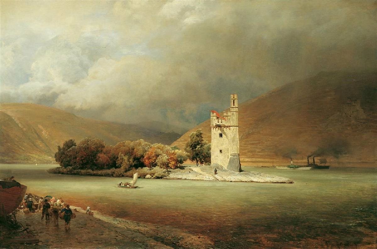 The Mouse Tower by Bingen, by Oswald Achenbach (1827-1905)