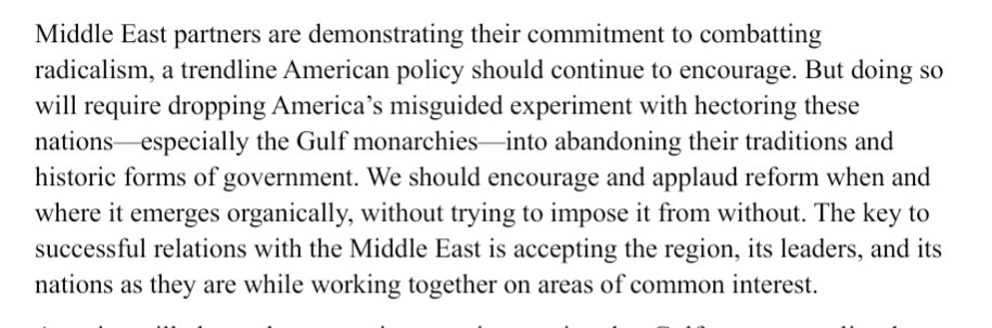 Overlooked detail in the 2025 National Security Strategy: 

A year after the collapse of Assad, the Trump admin is labeling Middle East democratization as a "misguided experiment with hectoring these nations...into abandoning their traditions and historic forms of government"