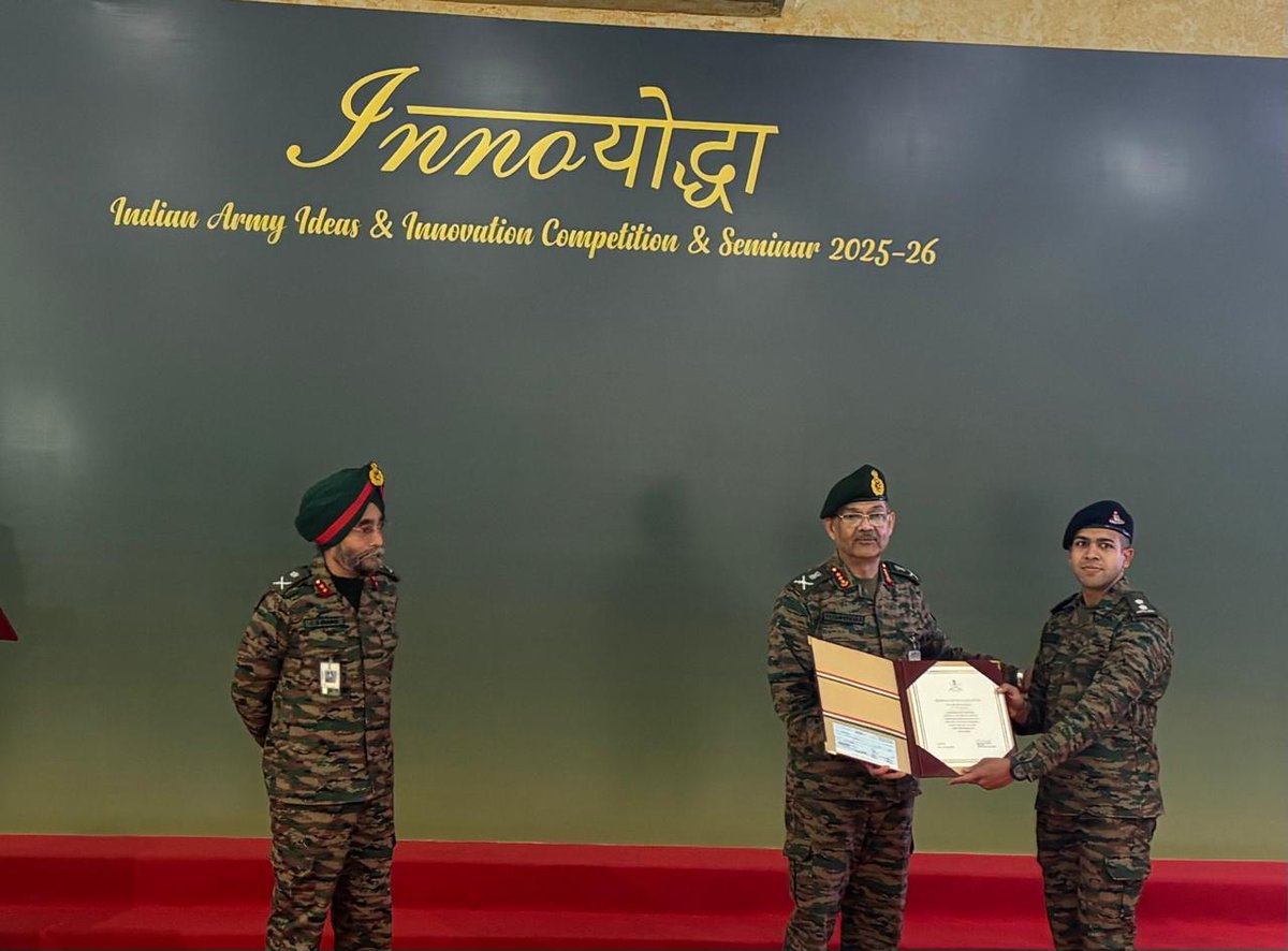 RisingStarCorps's tweet photo. #Atmanirbharta
#YearofTechAbsorption
#DecadeofTransformation
Rising Star Corps congratulates Col Arshdeep & Lt Manik Jain of #TigerDivision and Maj Atishay of Arsenal Brigade for being felicitated at Innoयोद्धा 2025 for their pioneering innovations. Their solutions embody the soldier-driven spirit of innovation - rooted in battlefield insight, technical excellence and mission-oriented imagination.
@adgpi
@WesternComd_IA