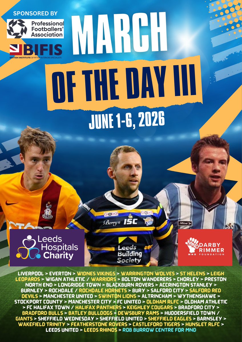 March of the Day III has had a slight change of route. We now visit <a href="/BPAFCOfficial/">Bradford (Park Avenue) AFC</a> and <a href="/brighousetownfc/">Brighouse Town AFC</a>. Great to go and meet Pete and Tom at BPA today. They are completely behind our event in support of <a href="/DarbyRimmerMND/">Darby Rimmer MND Foundation</a> and <a href="/LDShospcharity/">Leeds Hospitals Charity</a>. 

Join us
redwoodevents.co.uk/march-of-the-d…