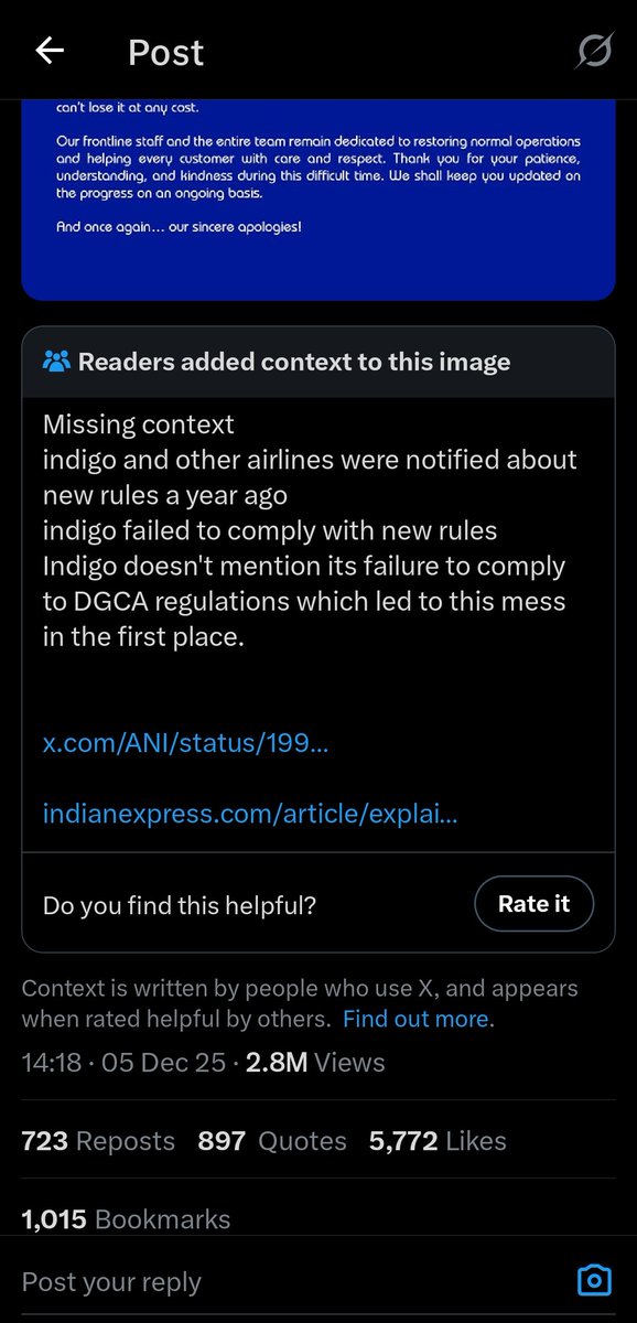 vdev_am's tweet photo. Good to see the community notes added next to the leacher Indigo's fake-sorry post. xD @IndiGo6E https://t.co/qpmSLKCiAL