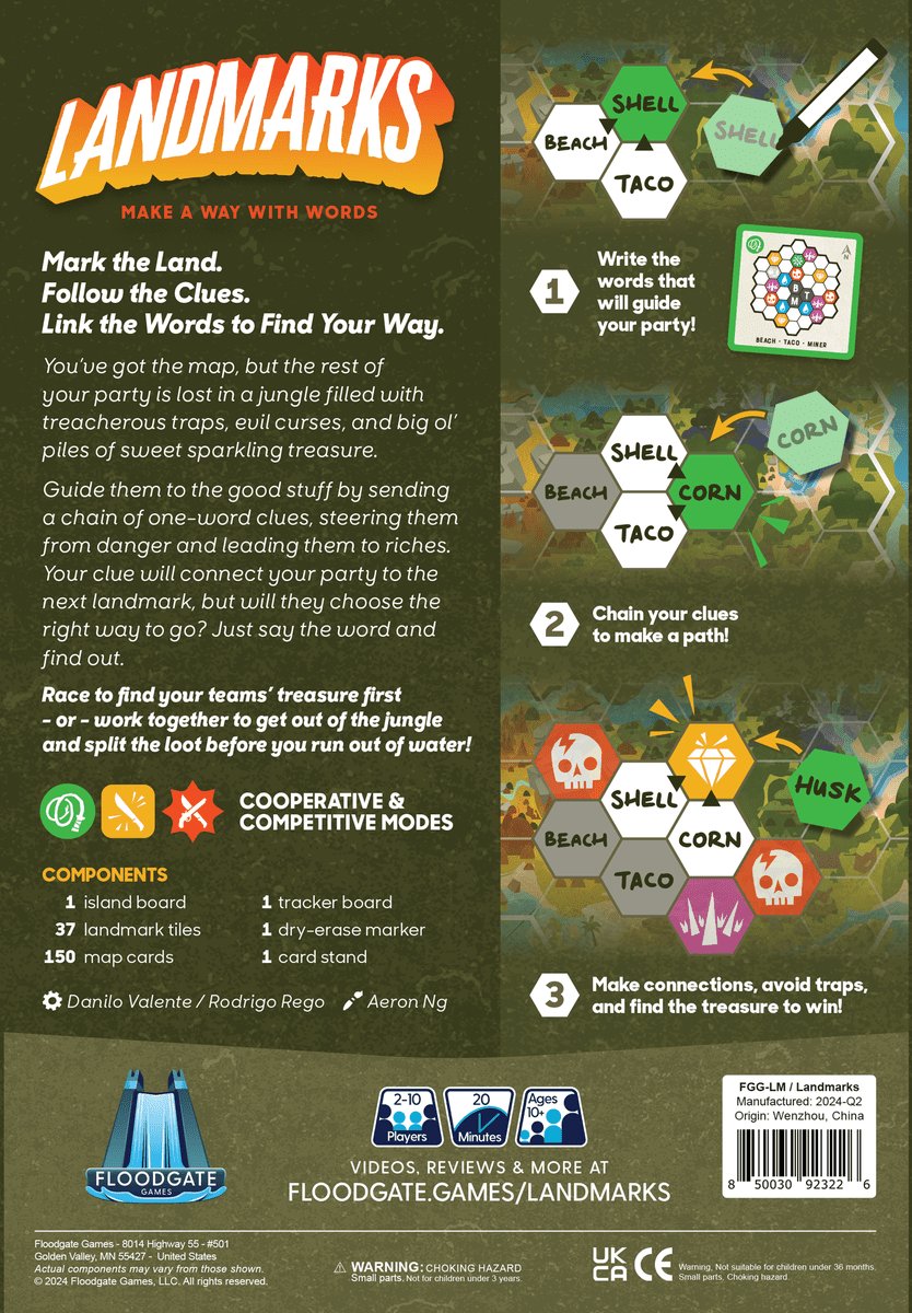 Cartwright_Four's tweet image. Taught, played a 4P game of the guessing #wordgame Landmarks (2024, rated 6.9, ranked 3,275th on BGG)

Tagline: You have the map but your party is lost! Lead them to treasure with one-word clues

The idea of leading your team through a clues-map is obviously from Codenames (2015)