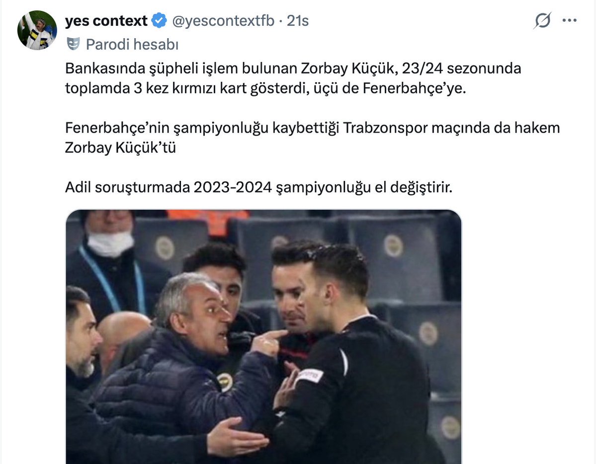 Muhteşem bir tweet. Çünkü bir tweet daha fazla "biz yalan söylemeye mecburuz çünkü başka türlü kendimizi haklı gösteremiyoruz" diye bağıramazdı...

Zorbay Küçük'ün yönettiği maçlarda en yüksek puan ortalamasına sahip takım açık ara farkla Fenerbahçe.

Zorbay Küçük o sezon toplam