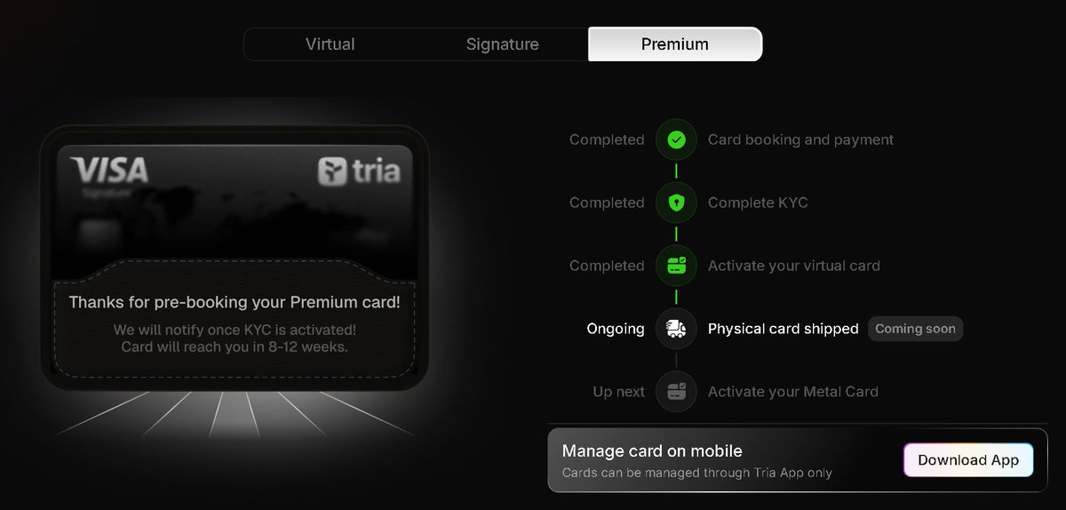 Can't wait to finally receive my <a href="/useTria/">Tria</a> card!

Premium Card ordered - check
Premium Card topped up - check
Premium Card used - check

Already collected cashback - check!

Joining the <a href="/standotsui/">stanxbt</a> x <a href="/useTria/">Tria</a> movement - check!

Whats next?