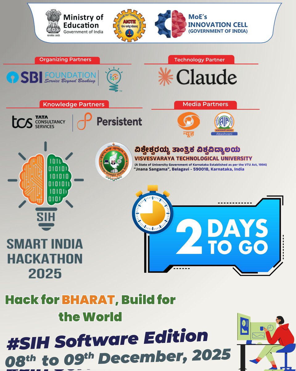 VTU_OFFICIAL_PR's tweet photo. 2 days to go! 
VTU #Belagavi is almost ready to welcome 120 young innovators from across India.
Ideas, energy, and creativity are on the way.
#SIH2025 is just around the corner!
#smartindiahackathon
@narendramodi | @EduMinOfIndia @mhrd_innovation @PIBBengaluru @AICTE_INDIA https://t.co/neodRXAcdb