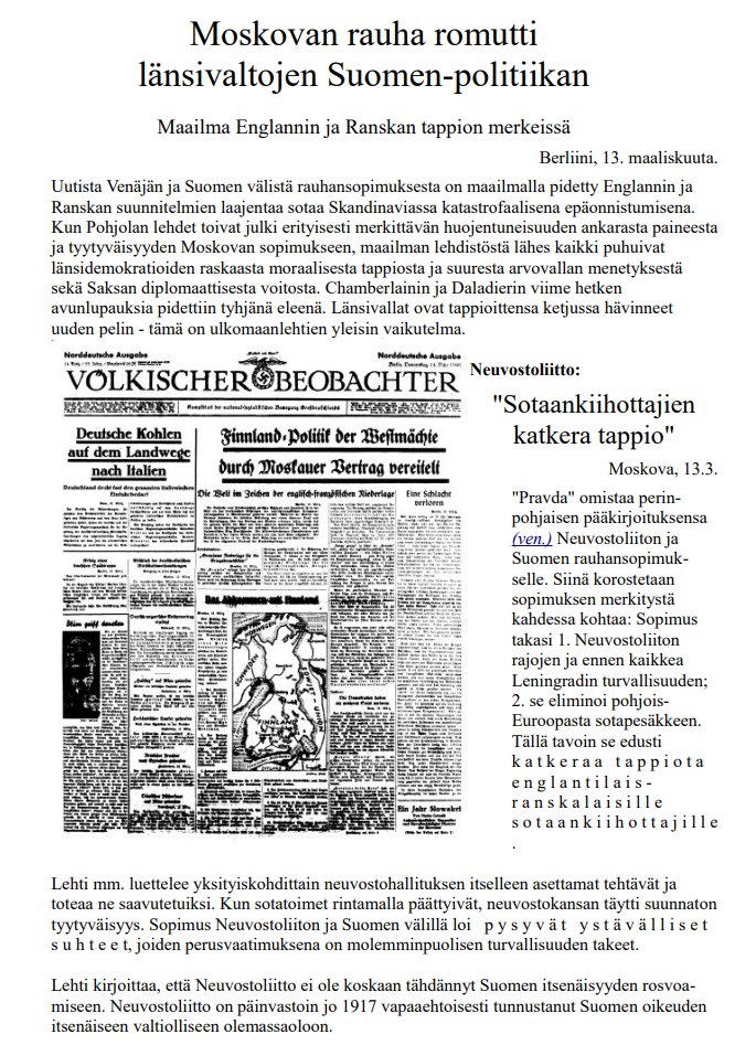 <a href="/HannuJarvinenPS/">Hannu Järvinen</a> Neuvostoliiton hyökätessä Suomeen 30.11.1939 natsipuolueen lehti jauhoi 100% ryssäpropagandaa "Englannin ja Ranskan sodanlietsomisesta" aivan kuten nykyään Venäjän hyökkäys Ukrainaan muka on "USA:n proxy-sota".

Hitler ei ajatellut Euroopan pelastamista, vain omaa imperiumiaan.