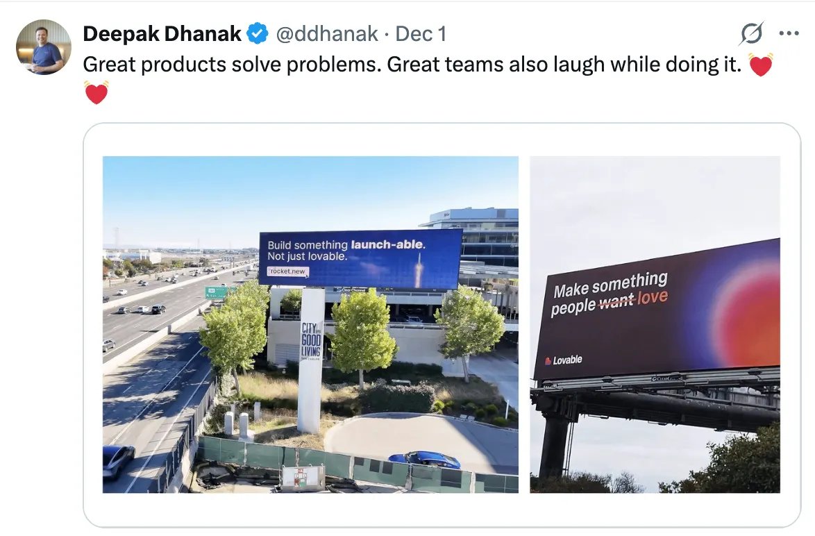 Trisha_Techie's tweet image. 🚀 OOH marketing at its absolute peak.

Lovable opened with: Make something people want to love.

@rocketdotnew placed their billboard right after it and flipped the entire narrative with one line:

Build something launch-able.

This is why OOH still wins:
— You intercept…