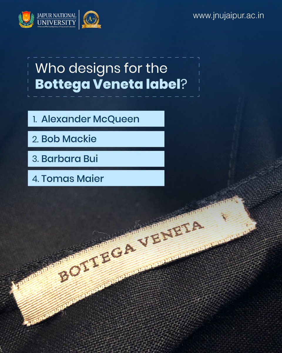 JAIPURJNU's tweet photo. Test your fashion knowledge, JNU designers! 

Who’s the genius behind Bottega Veneta’s iconic creations? 

 #FashionTrivia #DesignMasters #BottegaVeneta https://t.co/rtzAkskmu8