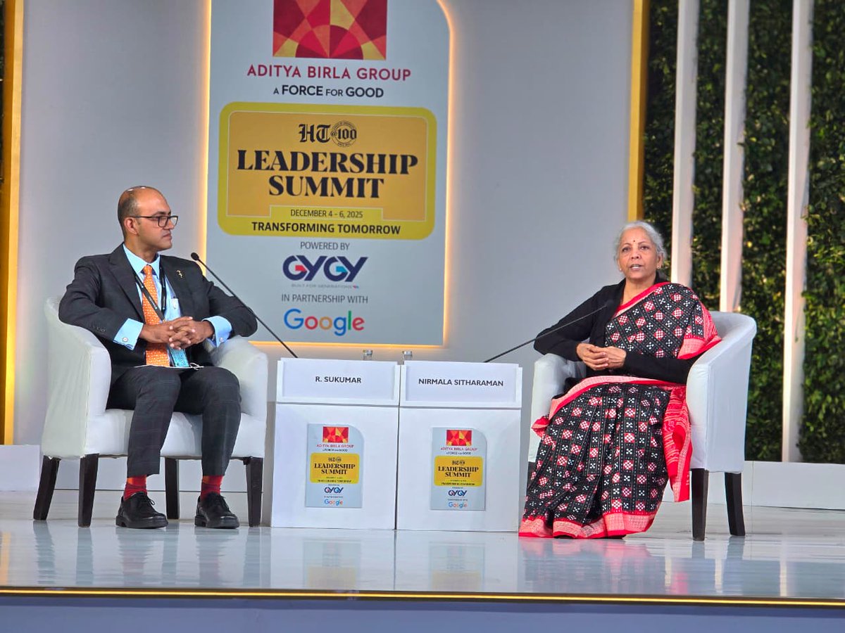 nsitharamanoffc's tweet photo. Smt @nsitharaman interacted with Shri Sukumar (@HT_Ed), Editor - @htTweets, at Hindustan Times Leadership Summit 2025.
#HTLS 2025 https://t.co/FZcIj9yR23
