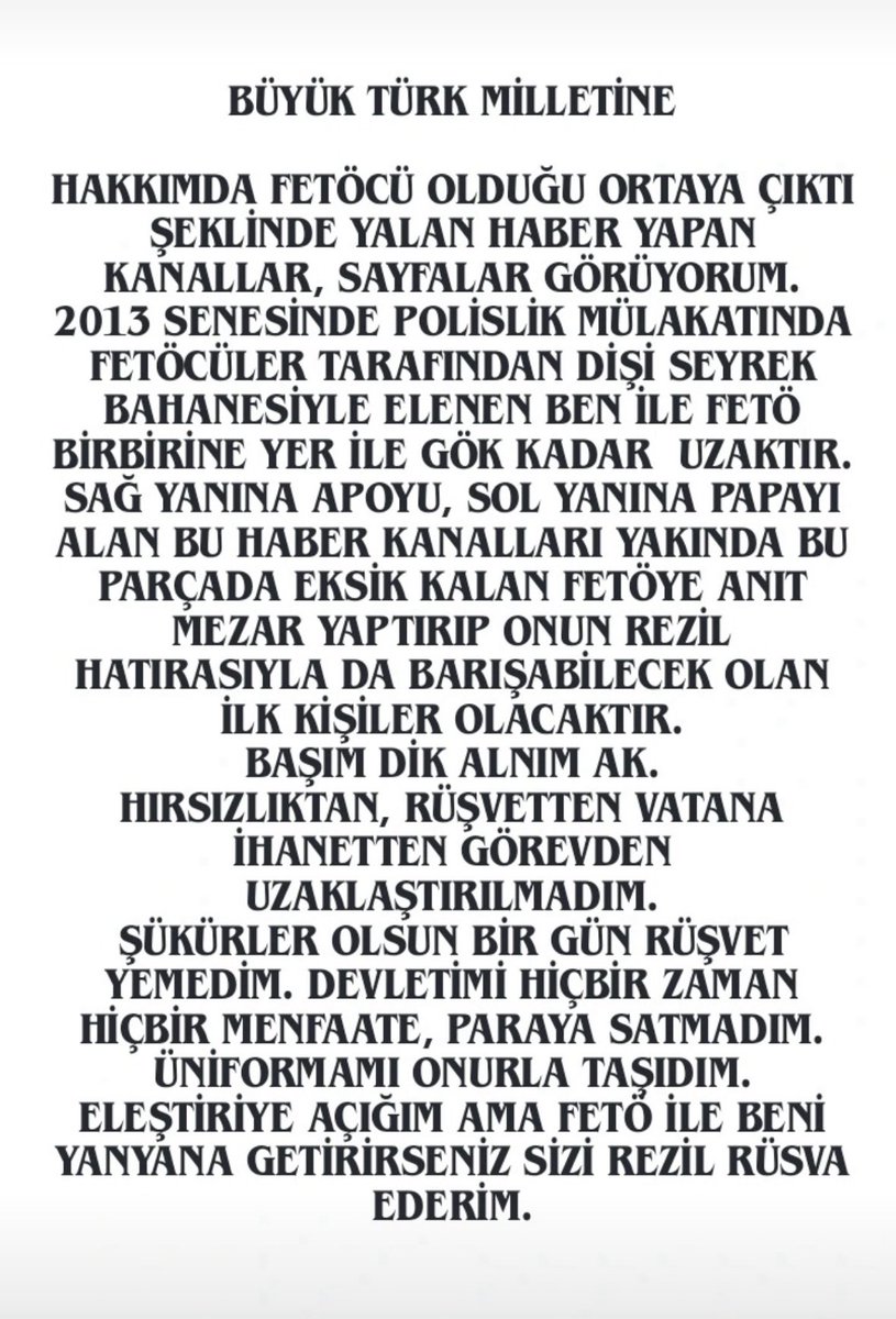 🩸“Bu süreç başladığından beri uyku uyuyamıyorum. Burada her zaman son sözü Türk milleti söyler.”  

…dediği için görevden uzaklaştırılan kahraman polisimizin basın açıklaması…

Bu evlat tüm vatanseverlerin sesi olmuştur. İçinden konuşana, korkana, haine inat vatanına sahip
