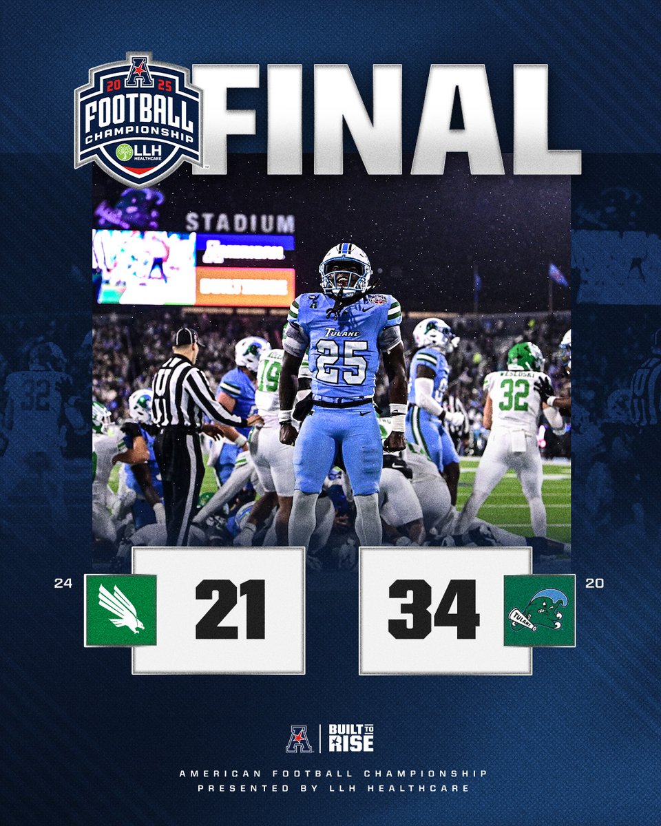 American_Conf's tweet image. TULANE DEFEAT NORTH TEXAS 34-21 TO WIN THE AMERICAN CONFERENCE FOOTBALL CHAMPIONSHIP 🌊 🏆

#BuiltToRise x #AmericanFB