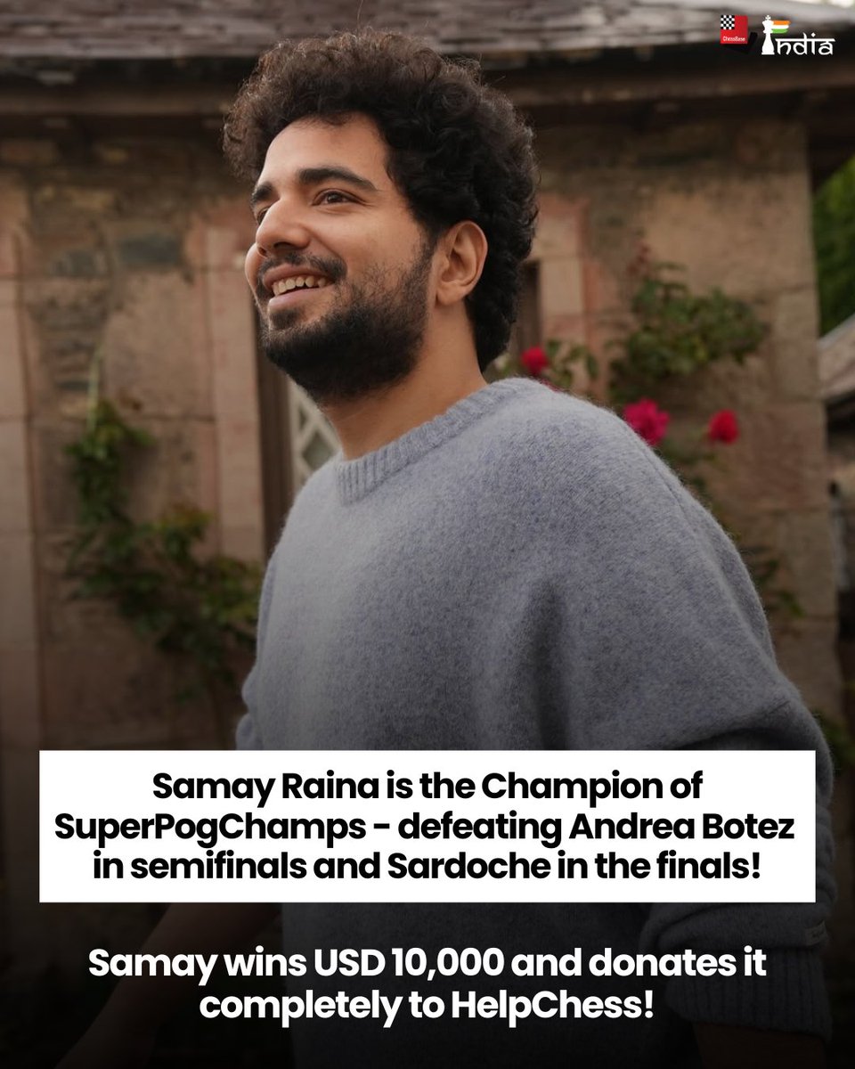 ChessbaseIndia's tweet image. Huge congratulations to Samay Raina on winning the SuperPogChamps! After an outstanding 10-0 run in the group stage, Samay defeated Andrea Botez in the semifinals and Sardoche in the finals to become the Champion. 

Samay won USD 10,000 for becoming the Champion, and donated the…