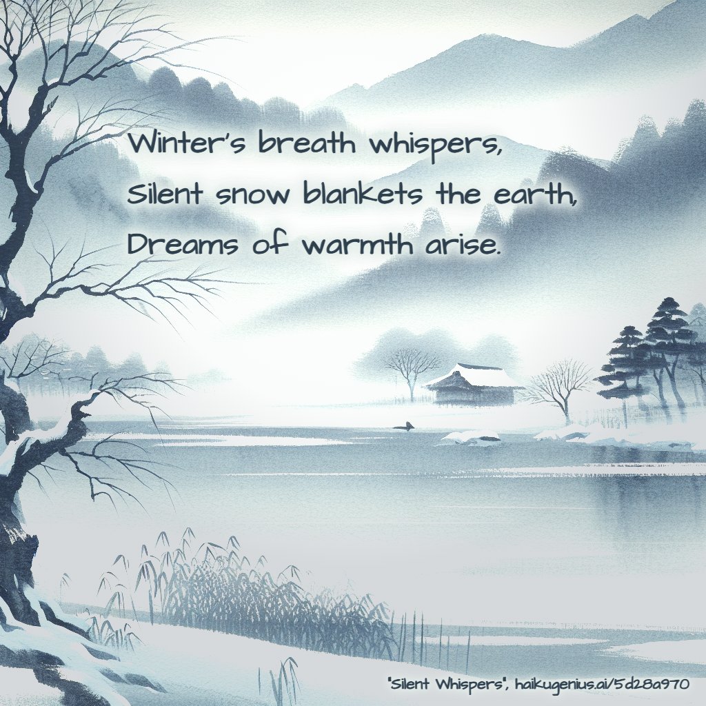 Winter’s breath whispers,
Silent snow blankets the earth,
Dreams of warmth arise.
"Silent Whispers", haikugenius.ai/5d28a970

✨ Create your own beautiful haiku with stunning generative art—free and no signup needed! Try it now: haikugenius.ai

#SilentWhispers #haiku