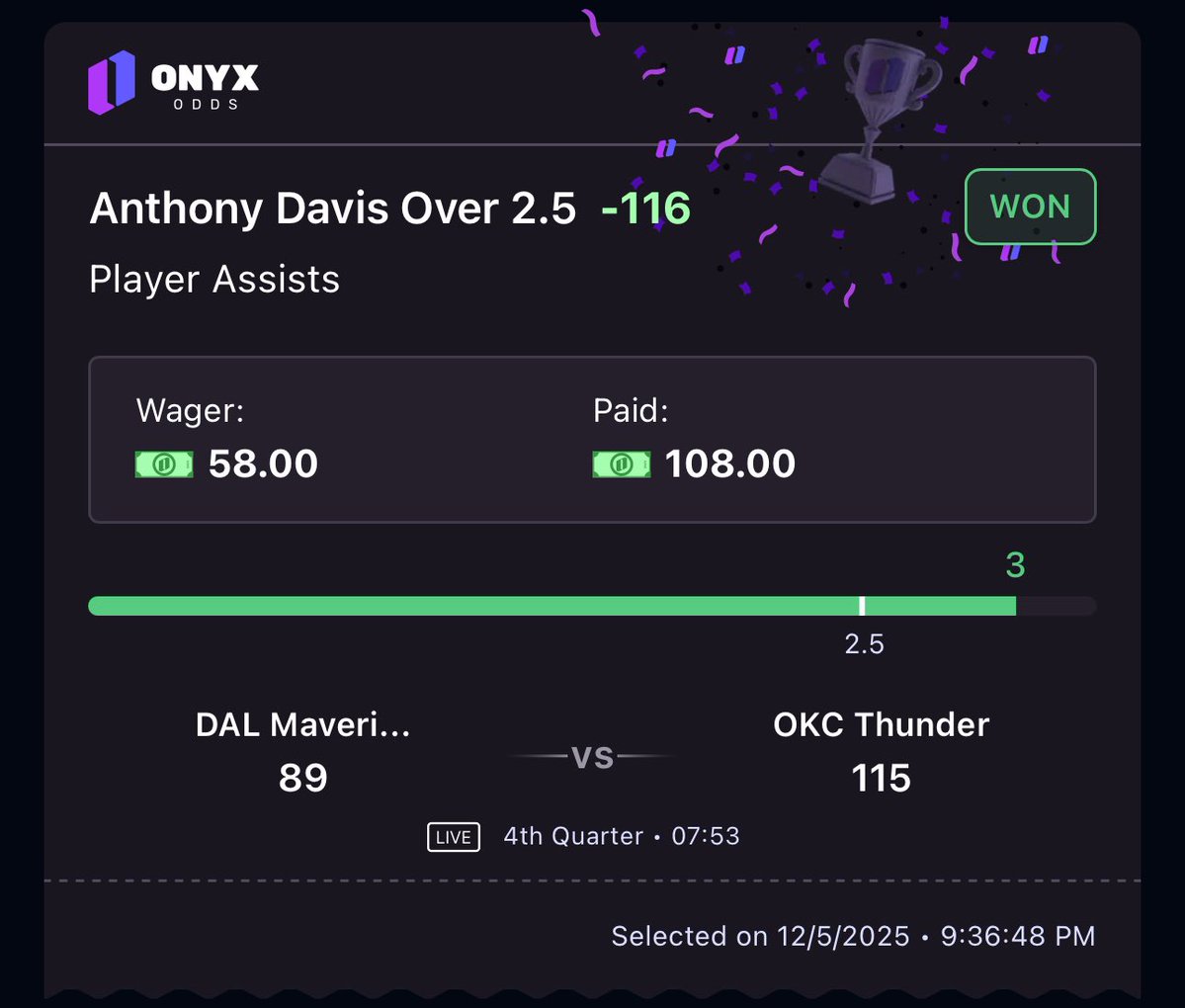 AD “O” 2.5 ASTS✅
#MFFL  

No 4Q run for Chet. I’ll take it.

Get on <a href="/OnyxOdds/">Onyx</a>🔥

click.onyx-tracking.com/track/55d802aa…

Use code “PLUG” for $115 in bonus plays.