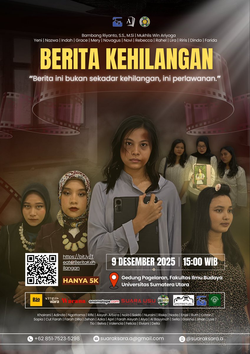 usu_menfess's tweet photo. Saksikan sajian panggung Kelas A Sastra Indonesia 2022 FIB USU
“Berita Kehilangan”, sebuah drama yang menyingkap hal-hal yang jarang ingin kita hadapi tapi tak bisa kita abaikan.

📅 9 Des 2025 | 15.00 WIB
📍 Gedung Pagelaran, FIB USU
🎟 5K
https://t.co/sTG258MkuI https://t.co/7s3deuXcs0