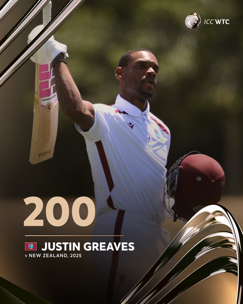 ICC's tweet image. A stellar double ton by the resilient Justin Greaves at Hagley Oval 🫡

#WTC27 | #NZvWI 📝: icc-cricket.com/tournaments/wo…
