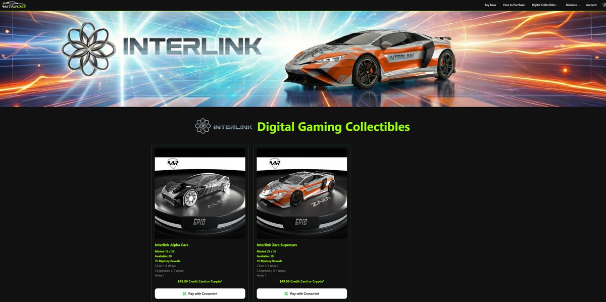 🔷 this screenshot says a lot 🔷

✅digital gaming collectibles
✅account integration to see all your metarides inventory 
✅crossmint integration for web2 &amp; web3 payment options
✅partnership collection with <a href="/InterLinkAll/">InterLink</a> 
✅there are only 20 series 1 alphas &amp; 10 series 1 zaras