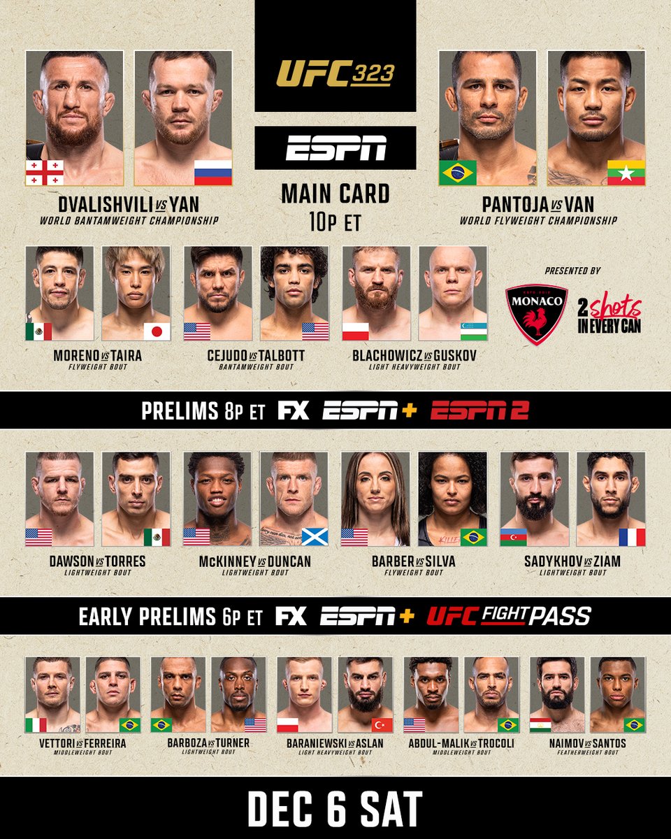 ufc's tweet image. Bringing the heat in December 😮‍💨

[ B2YB @DrinkMonaco | #UFC323 ]