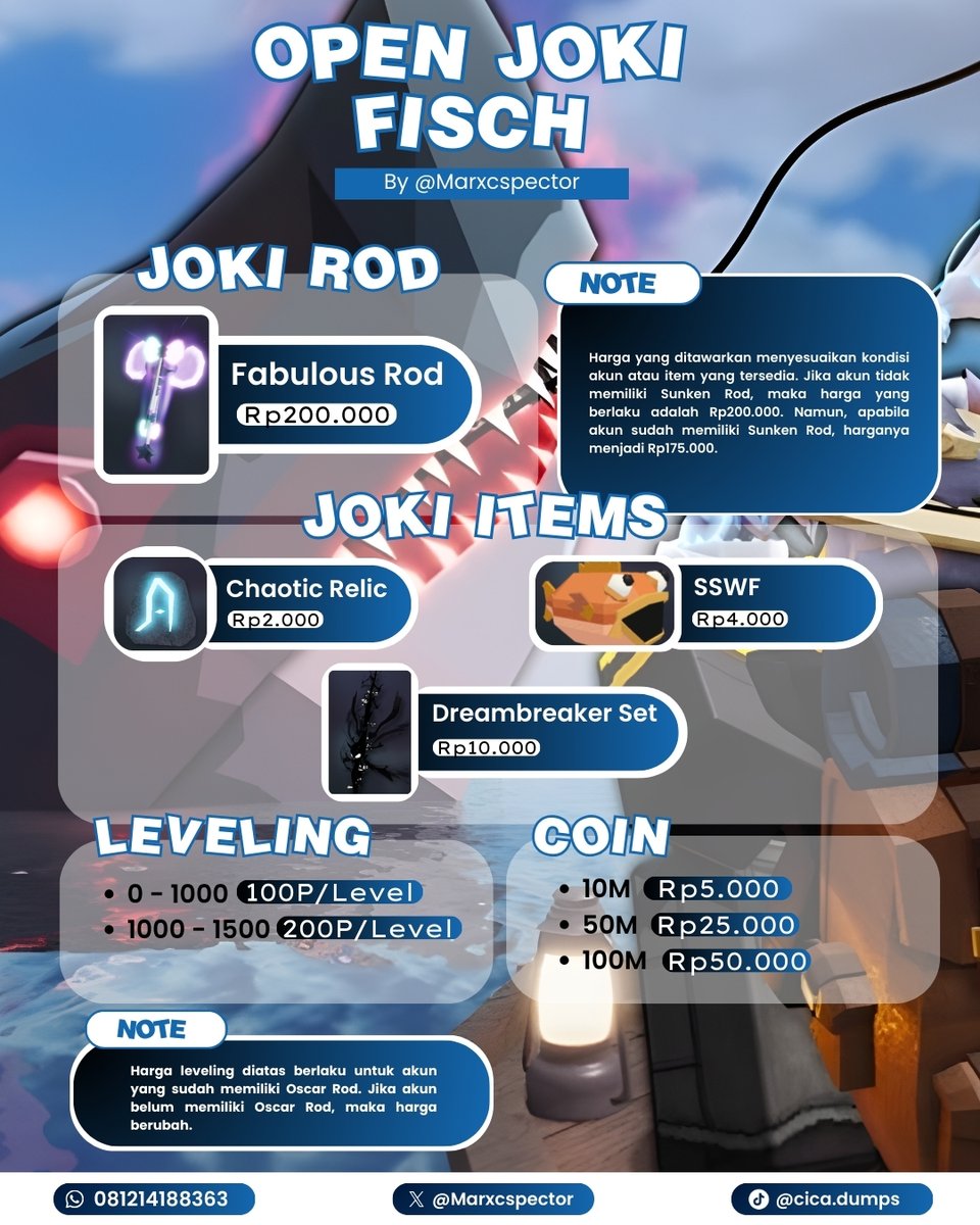 Marxcspector's tweet image. 🐟💥 FISCH TIME!! 
Partner aku lagi buka jasa joki FISCH nih! Kalo mau nanya dulu boleh banget, mau langsung order juga gaskeun 😆✨

#zonajajan #zonauang️ #zonaba