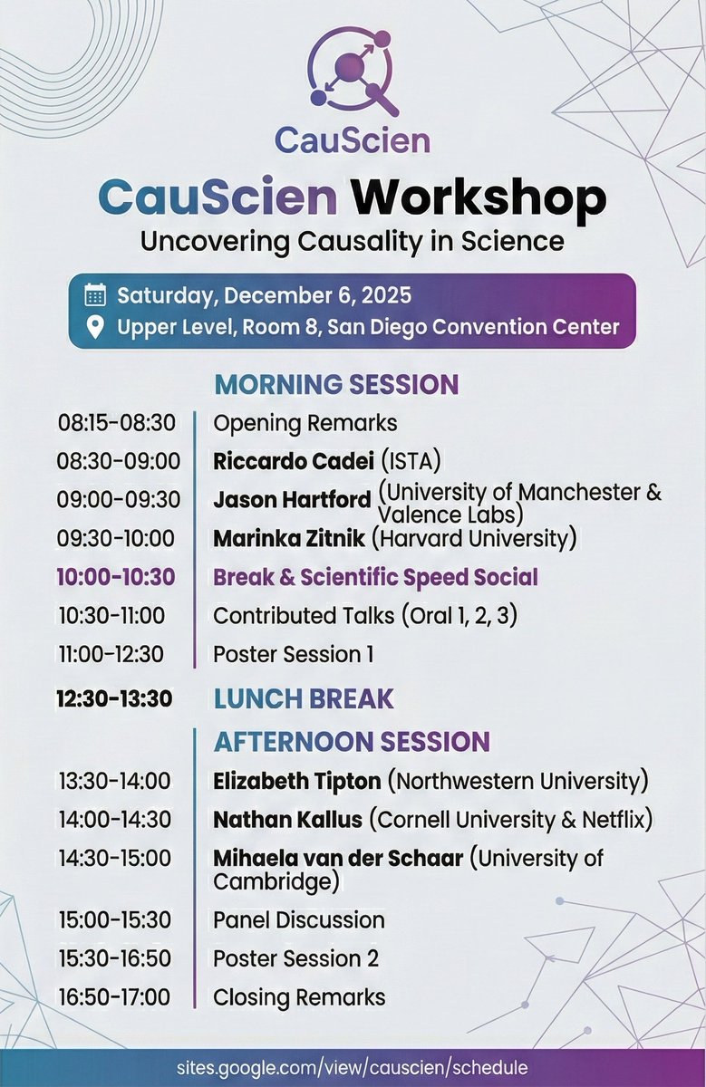 🚀 Tomorrow is the day!

CauScien @ #NeurIPS2025 starts 8:15 AM -- a full day of causal reasoning, science, and mind-expanding talks.

Come early. Bring curiosity. Leave inspired ✨