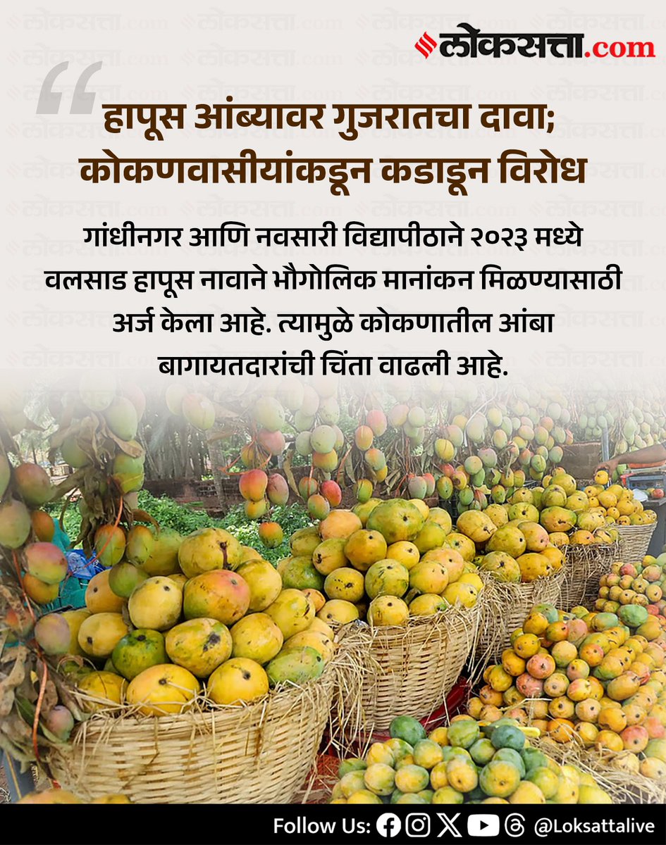 LoksattaLive's tweet photo. हापूस आंब्यावर गुजरातचा दावा; कोकणवासीयांकडून कडाडून विरोध
https://t.co/mgbNkqa1J9 < येथे वाचा सविस्तर वृत्त
#Marathinews #gujarat #geographical #tag #hapus #mango #Kokan https://t.co/wPrsmYiY6X