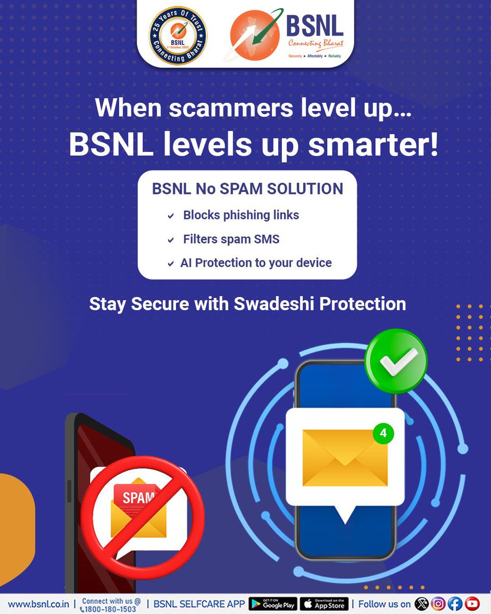 BSNLCorporate's tweet photo. Stay protected with BSNL’s No Spam Solution!

Block phishing links, filter spam SMS, and secure your device with advanced AI technology.

Upgrade your digital safety as scammers level up!

#BSNL #SpamProtection #CyberSafety https://t.co/HXYbGRomDs