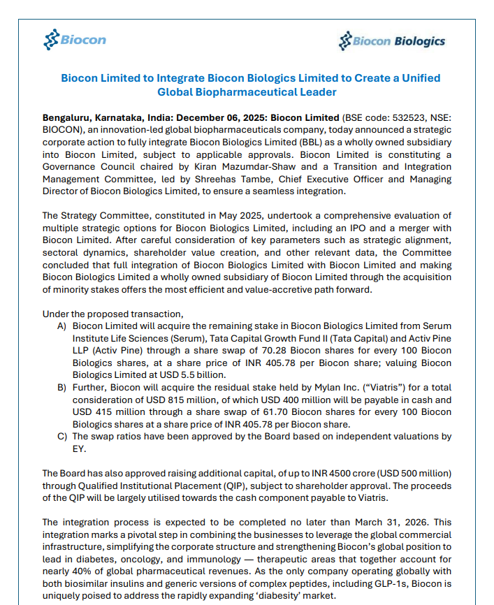 CNBCTV18Live's tweet image. #JustIn | #Biocon to fully integrate #BioconBiologics as its wholly-owned subsidiary, subject to approvals

▶️Co to acquire remaining stake in Biocon Biologics via share swap, valuing it at $5.5 bn

▶️Biocon to acquire Mylan’s (#Viatris) remaining stake for $815 m, including a