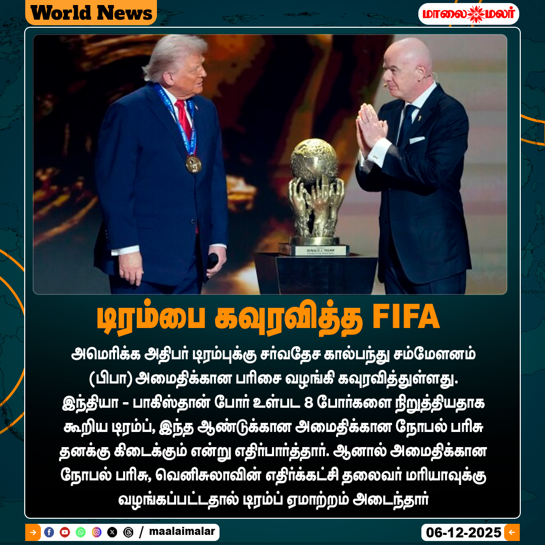 maalaimalar's tweet photo. เฎเฎฟเฎฐเฎฎเฏเฎชเฏ เฎเฎตเฏเฎฐเฎตเฎฟเฎคเฏเฎค FIFA
#Trump #FIFA #PeaceAward #InternationalFootball #USPresidentTrump #GlobalPeace #NobelPrize #Venezuela #MariaRessa #WorldNews #Maalaimalar #MaalaimalarNews https://t.co/oRT9Jda5kj