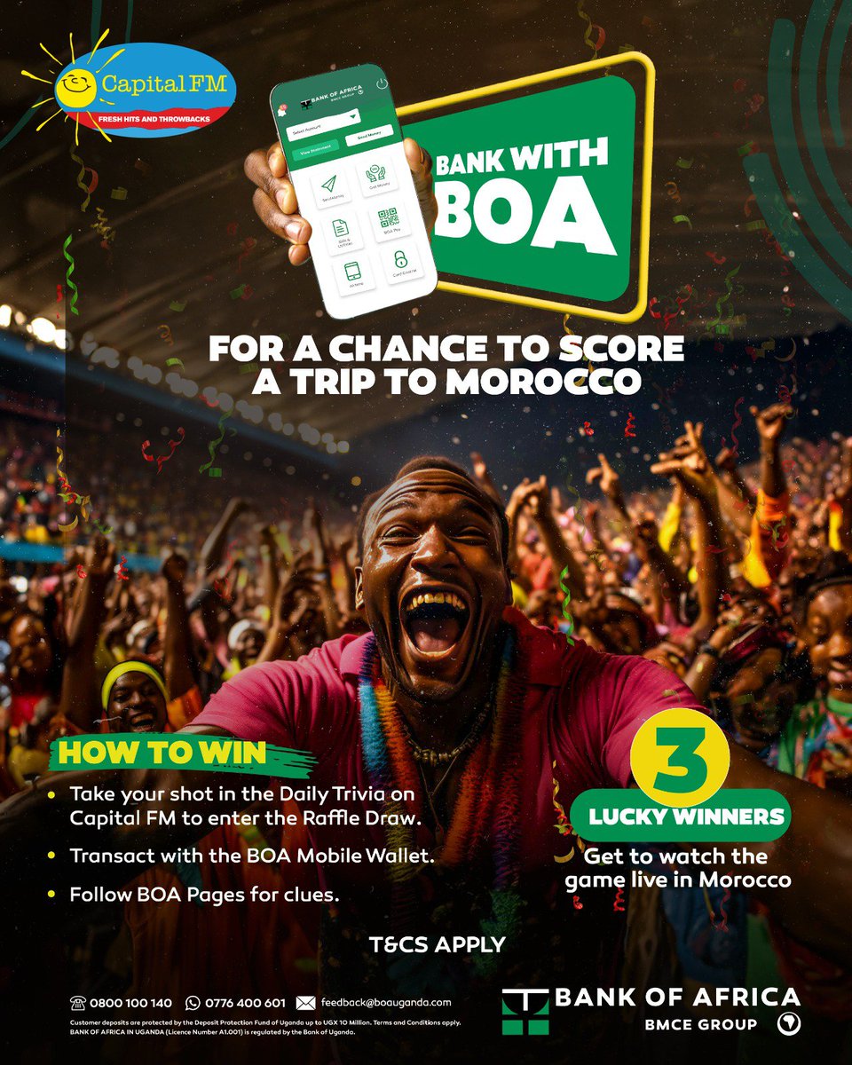 Stand a chance to win a trip to Morocco with Bank of Africa!

Tune in to Capital FM for Bank of Africa Trivia! Answer all questions correctly to secure a chance to enter the raffle draw for the grand prize; a trip to Morocco. 

Boost your chances by actively transacting with your