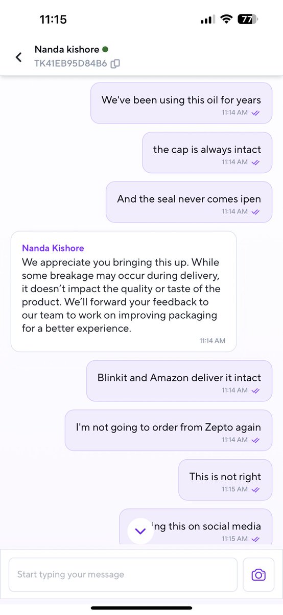 moksh's tweet photo. @ZeptoNow You deliver oil with seal broken and ingredients spilling, and a bottle that looks returned a 100 times. And then you refuse to return it! Do you expect us to use tampered and possibly adulterated food item?! https://t.co/MYtbii1Sr5