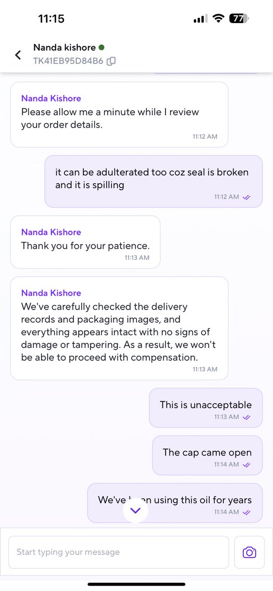 moksh's tweet photo. @ZeptoNow You deliver oil with seal broken and ingredients spilling, and a bottle that looks returned a 100 times. And then you refuse to return it! Do you expect us to use tampered and possibly adulterated food item?! https://t.co/RG5TS90PwQ