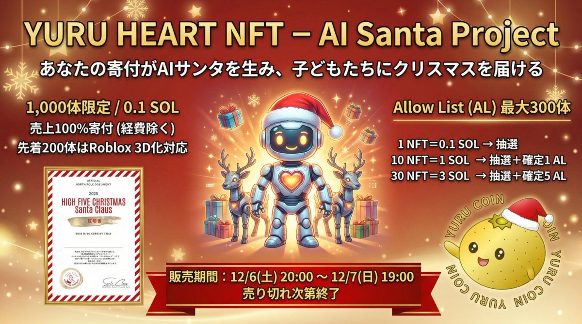 📷 YURU HEART NFT（AI Santa Project）販売開始のお知らせ
あなたの寄付が “AIサンタ” を生み、 そのサンタが全国の子どもたちにクリスマスプレゼントを届ける。 みなさん良いことしましょう〜📷
📷 販売期間（超重要📷）
12/6(土) 20:00 〜 12/7(日) 19:00※ 販売期間は24時間限定・売り切れ次第終了