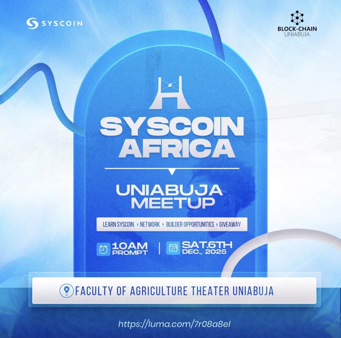 Today is the day, UniAbuja. 
The Syscoin Africa campus meetup happens today, hosted by @kristalboi_ and we’re ready for an impactful session with students, builders, and future founders.

🕘 Time: 10AM
📍 Faculty of Agriculture Theatre, UniAbuja
Pull up. Ask questions. Join the