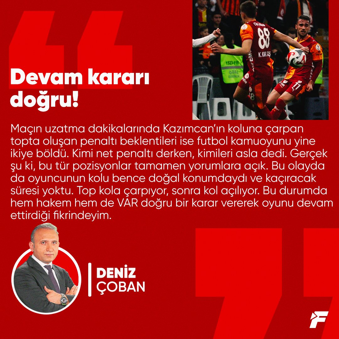 fanatikcomtr's tweet photo. ✍️ @denizcoban_: Maçın uzatma dakikalarında Kazımcan’ın koluna çarpan topta oluşan penaltı beklentileri ise futbol kamuoyunu yine ikiye böldü. Kimi net penaltı derken, kimileri asla dedi. Gerçek şu ki, bu tür pozisyonlar tamamen yorumlara açık. Bu olayda da oyuncunun kolu bence doğal konumdaydı ve kaçıracak süresi yoktu. Top kola çarpıyor, sonra kol açılıyor. Bu durumda hem hakem hem de VAR doğru bir karar vererek oyunu devam ettirdiği fikrindeyim.

🔗 https://t.co/sCqnRdmk9g