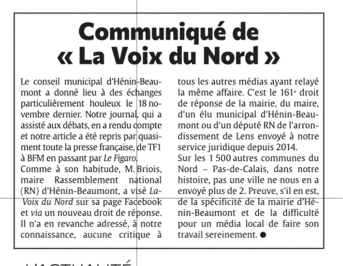 mauricedecroix's tweet image. Record absolu de droits de réponse adressés par une commune  à @lavoixdunord : 161! Et le triste winner est le #RN de #HeninBeaumont et son maire @SteeveBriois . Sur les autres 1500 autres commune du Nord Pas-de-Calais. pas plus de 2! Ici c'est l'extrême droit de réponse