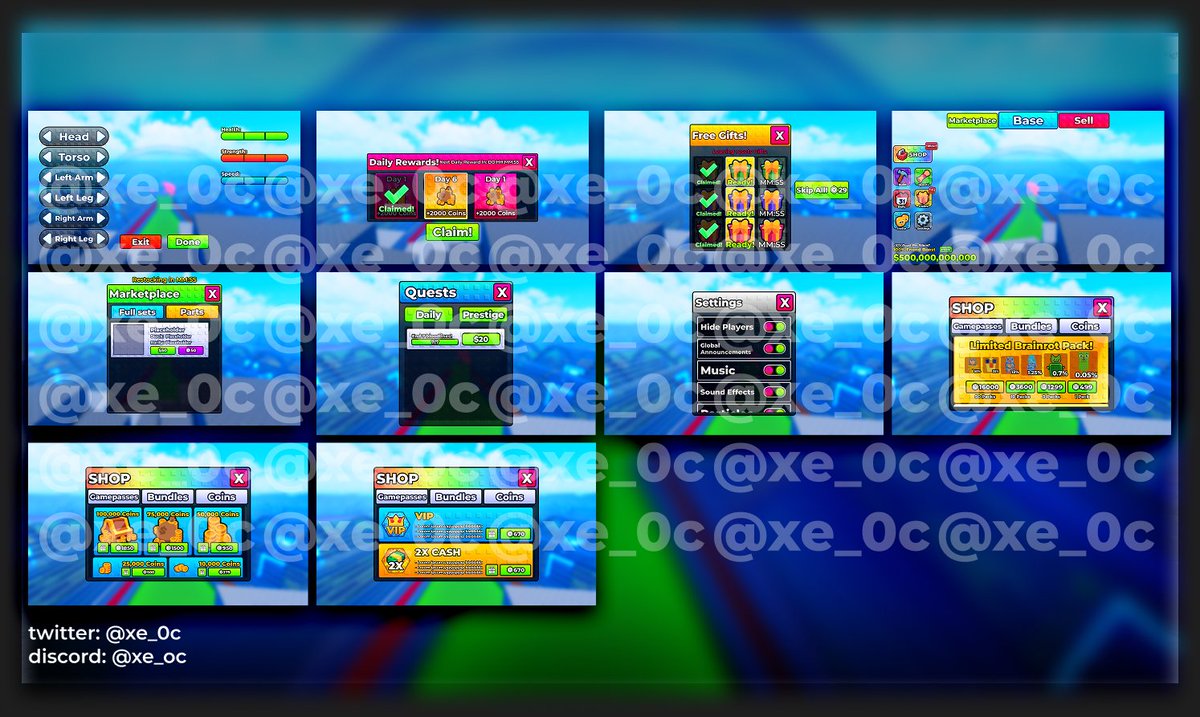xe_0c's tweet image. Full Game UI I made for an upcoming game.
--------------------
Program Used: Roblox Studio
Contact me via Discord: xe_oc
#roblox #robloxdev #robloxui