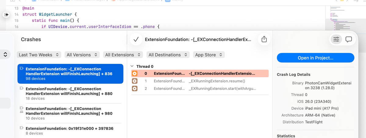 看到最近 Crash 增多还有些担心，不过看起来几乎全是 iPad 上的 WidgetExtension 相关的（我只给 iPhone 启用 Widget）。