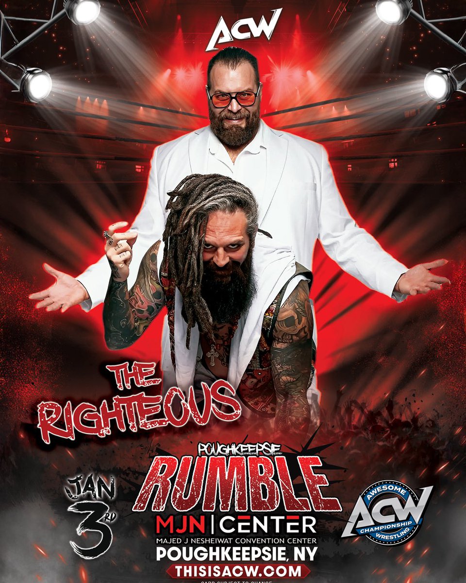 The Righteous return to Poughkeepsie! <a href="/NoNamexVincent/">Vincent</a>  <a href="/DEATHxWALKS/">DUTCH</a> 

Don’t miss your chance to meet one of the most talked-about teams in wrestling!

🎟 ticketmaster.com/event/0000634F…

M&amp;G: ticketleap.events/tickets/thisis…
ℹ️ ThisIsACW.com

#TheRighteous  #TNAFinalResolution