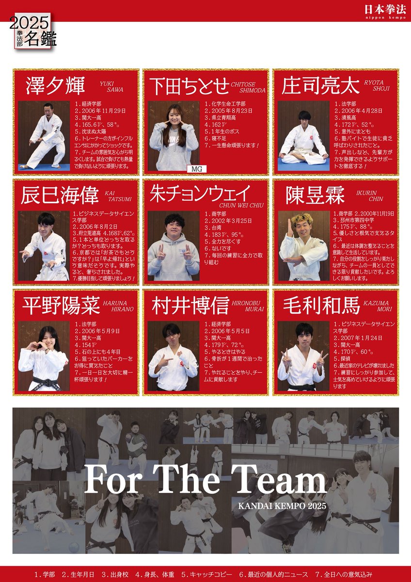 kanspo's tweet photo. 【拳法】企画／選手名鑑／第70回全日本学生選手権大会／12月７日／於・河内長野市立市民総合体育館

あす、いよいよ全日団体を迎える拳法部。全日直前企画として、拳法部のみなさんを紹介します！ https://t.co/yKiIgom7lU