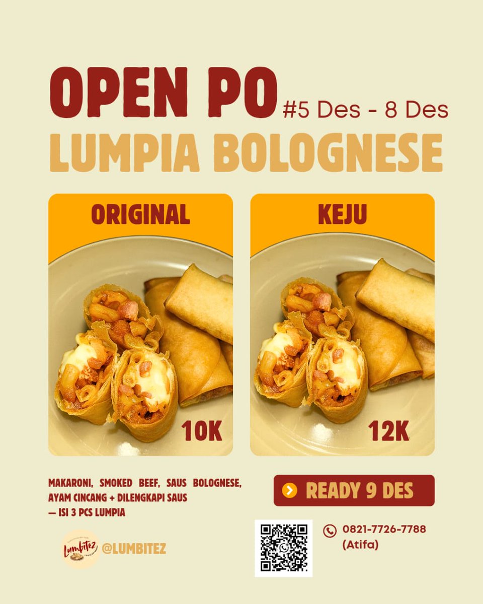 howfrr's tweet photo. halo guys, yuk ikut PO lumpia bolognese🤩 kita ada 2 varian (ori 10k dan keju 12k) aja udah dapet 3 pcs free saus lohh, bisa cod/delivery area sewon dan kampus umy, unjaya, unu‼️ yang mau boleh komen dibawah, atau bisa cek ig @/lumbitez oiya ini dom jogja😚🫰🏻 https://t.co/EE5uNJK69w