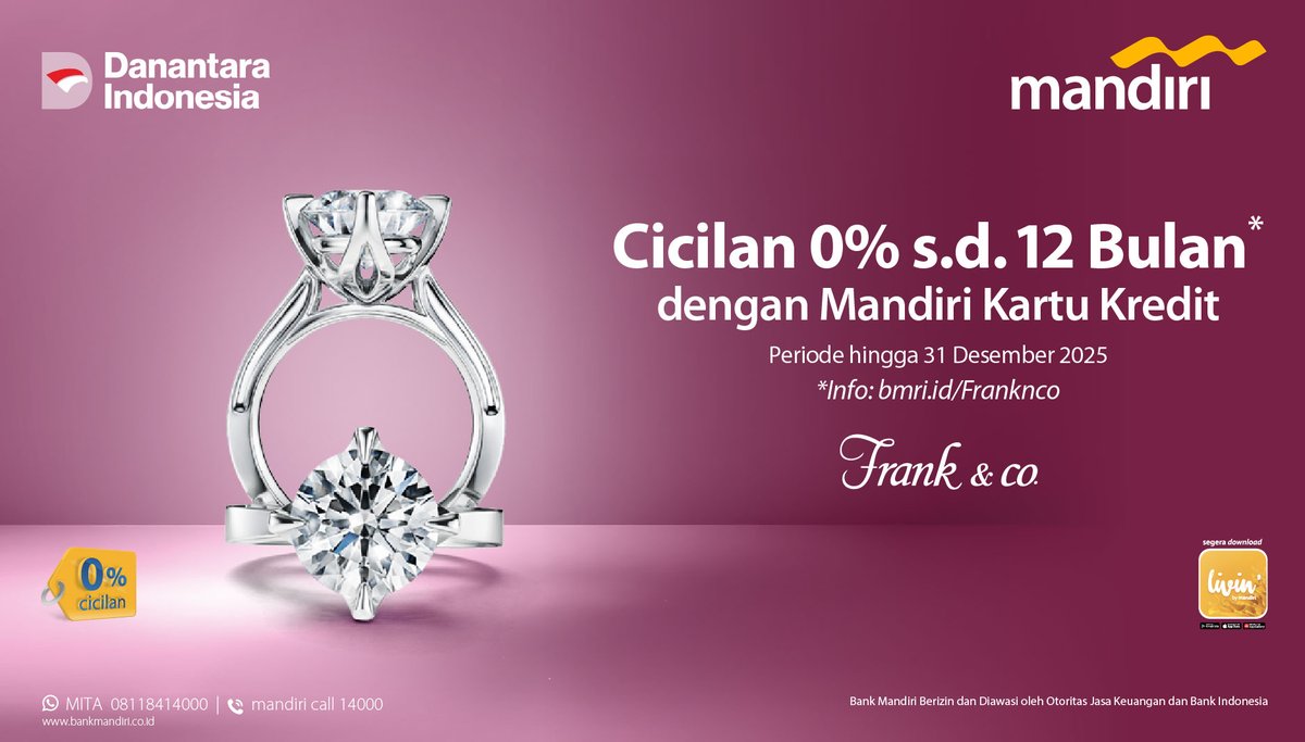 Wujudkan momen spesial dengan koleksi elegan dari Frank &amp; co. 💍✨

Nikmati pembelian perhiasan premium dengan cicilan 0% hingga 12 bulan* pakai Mandiri Kartu Kredit!

Segera manfaatkan promo ini, berlaku hingga 31 Desember 2025.

*Info lengkap: bmri.id/Franknco

Bank