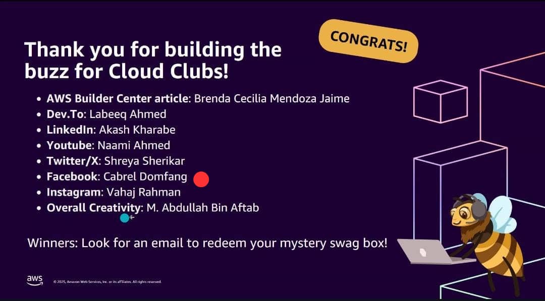 🙌 Seulement 8 étudiants dans le monde ont reçu ceci ! 🙌

Aujourd’hui, j’ai reçu avec une immense joie mon colis de reconnaissance en tant que #AWSCloudClubCaptain — gagnant dans la catégorie #Facebook du concours #BuilderBuzz ! 📦✨

#TechEvangelist